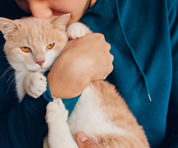 a man holding white cat